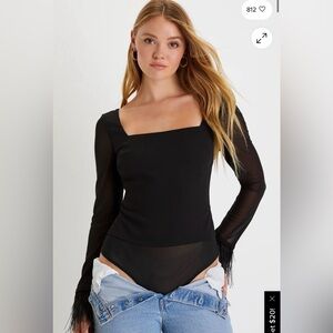 Lulus Effortlessly Luxe Black Feather Long Sleeve Bodysuit NWT